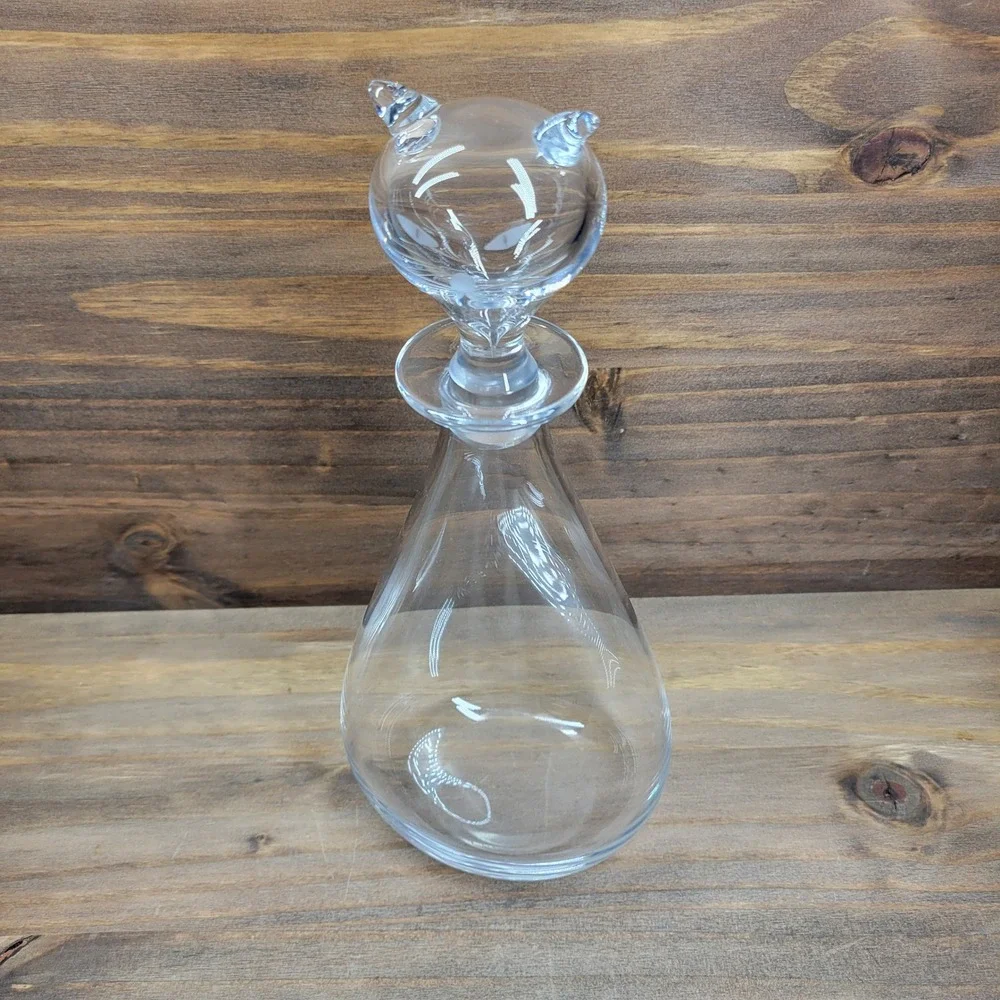 VTG Orrefors Cat Head Crystal Decanter Bottle MCM Barware Signed Sven Palmquist